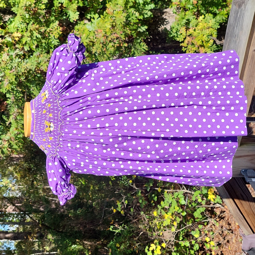 Little Girl's smocked & embroidered dress, purple, wh polka dots, Tiger, 24 mo
